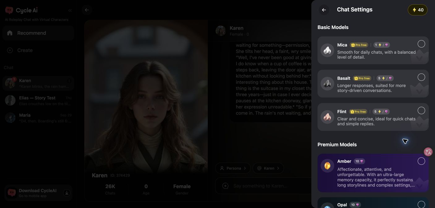 Chat Settings showing the four premium Gem models and their descriptions