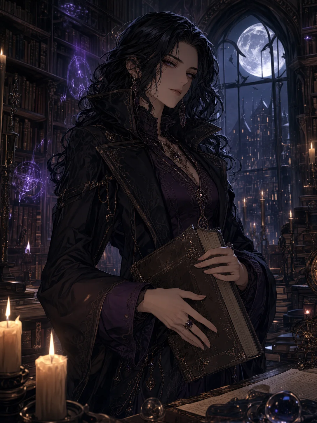 Illustrated fantasy character holding a book in a moonlit library